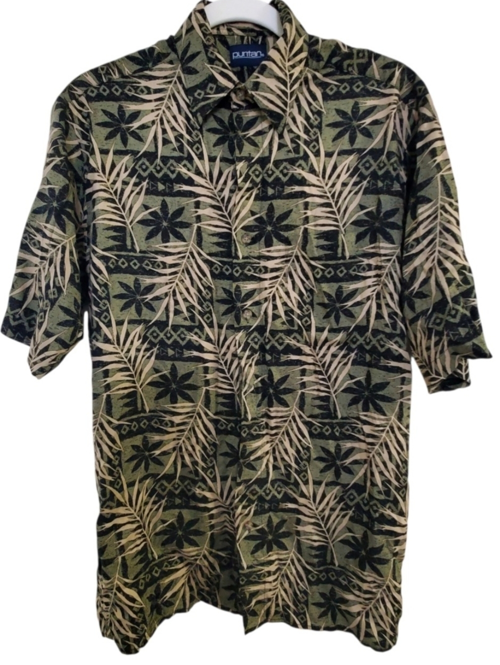 Puritan Green & Beige Short Sleeve Button-Down Tropical Shirt Sz S